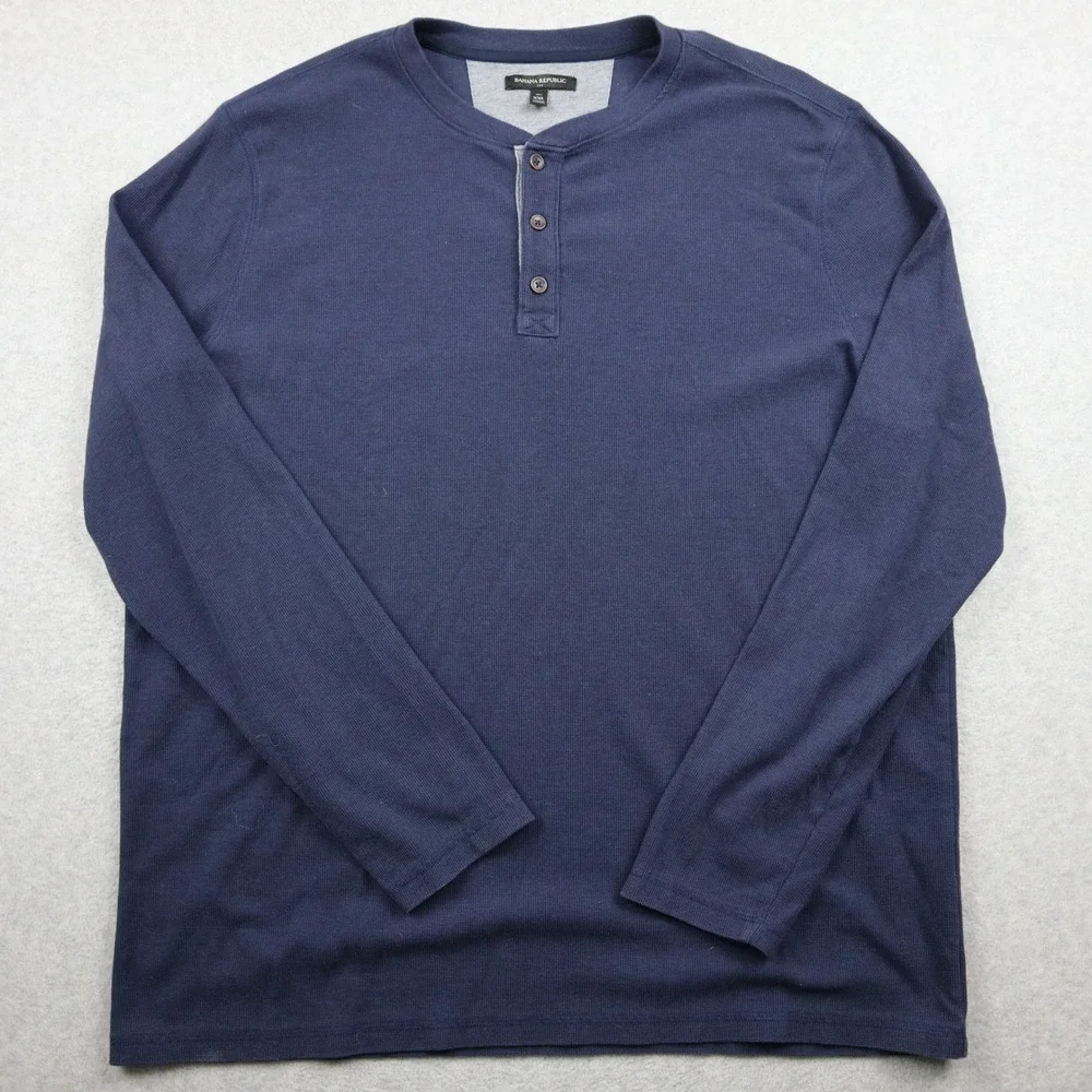 Banana Republic Henley Shirt Mens XXL Tall Navy Blue Waffle Knit Long Sleeve Tee